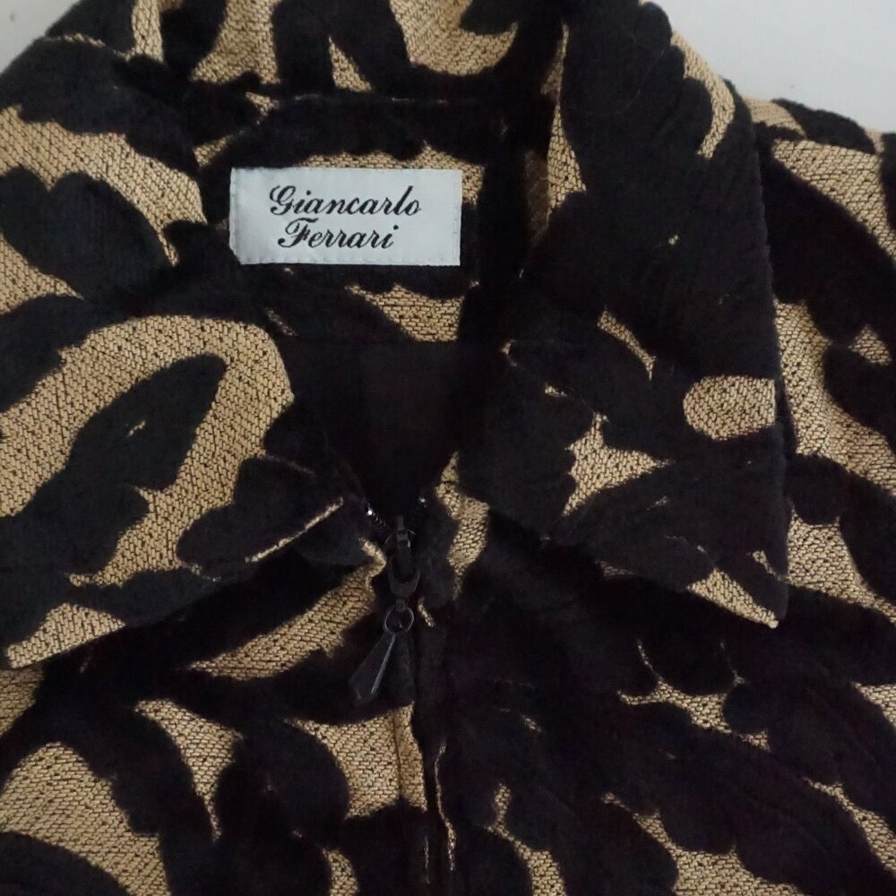 Vintage Giancarlo Ferrari Tan Black Velvet Leaf Burnout Zip Jacket Boho M - Picture 9 of 9